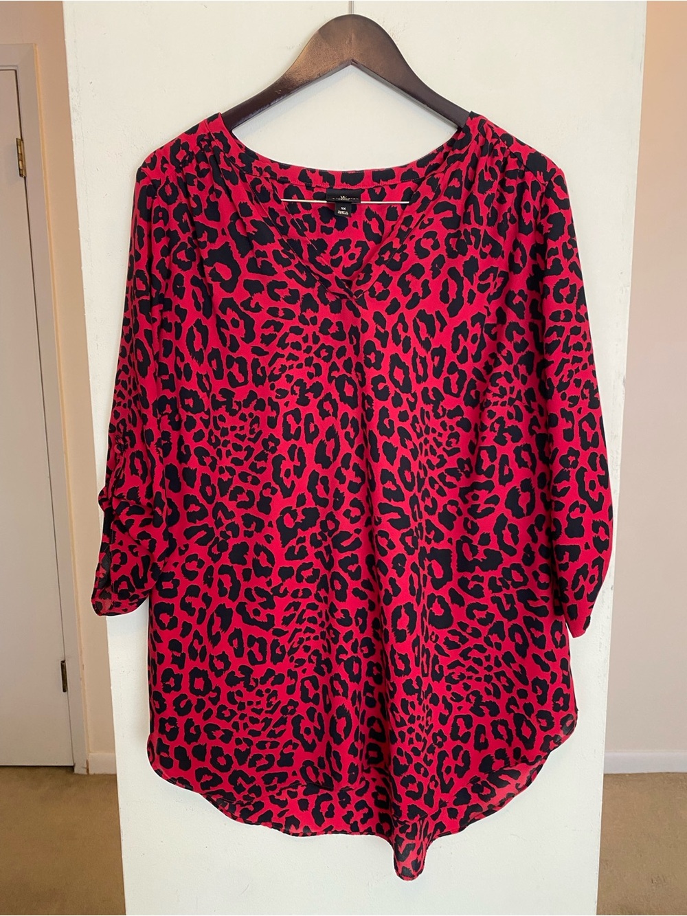 Worthington Woman Red Leopard Print 3/4 Sleeve Blouse Shirt Size 1X Lightweight